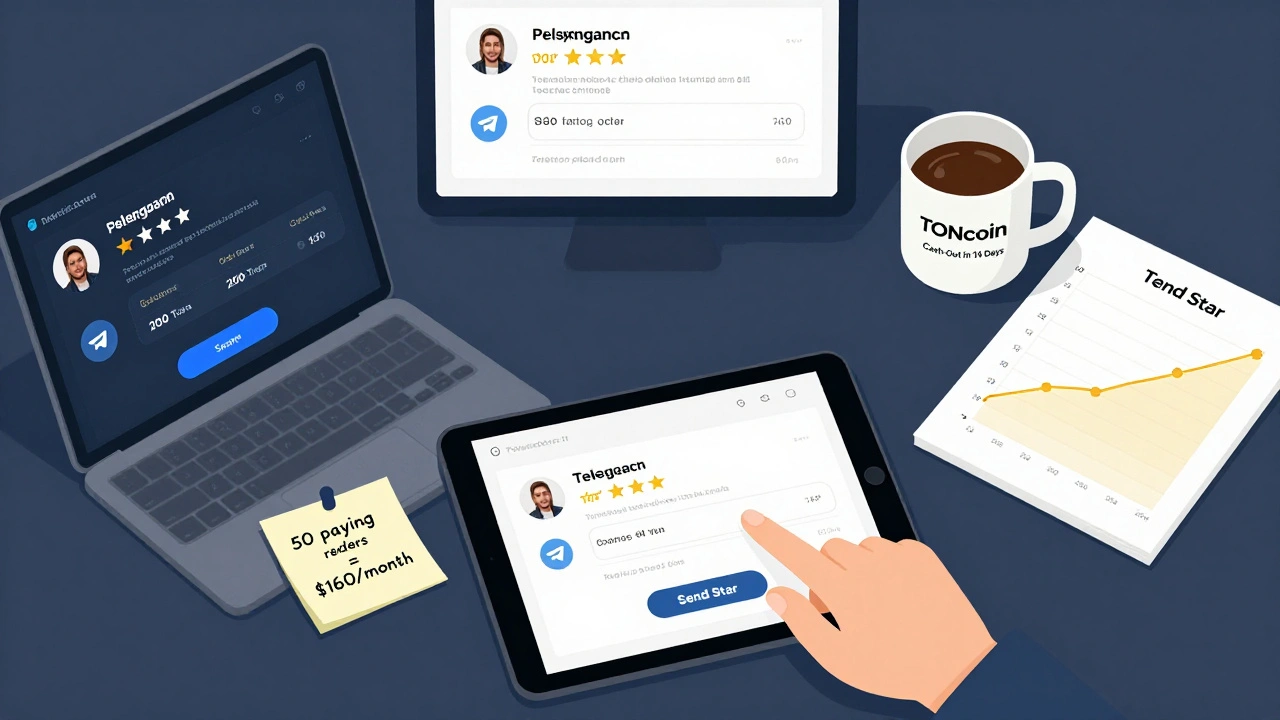 Overhead view of three devices showing Telegram paid posts locked at 100, 150, and 200 Stars each.