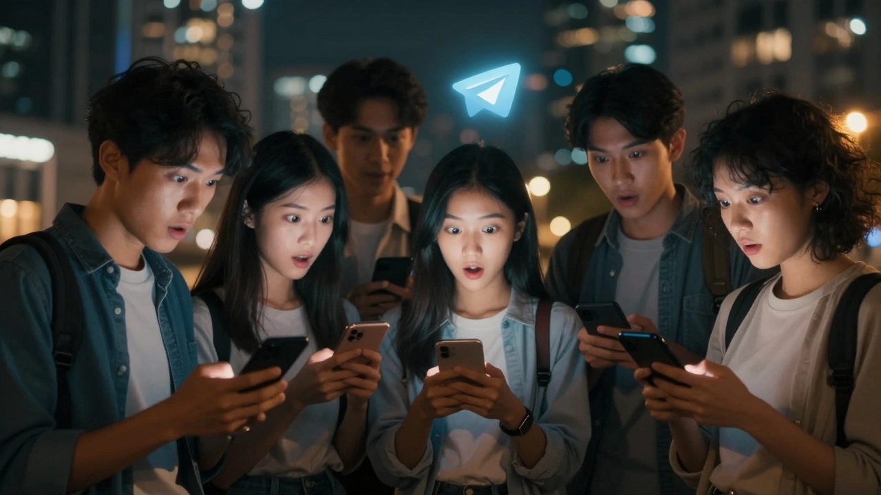 People in a city scene staring at their phones, intrigued by a shared Telegram secret.