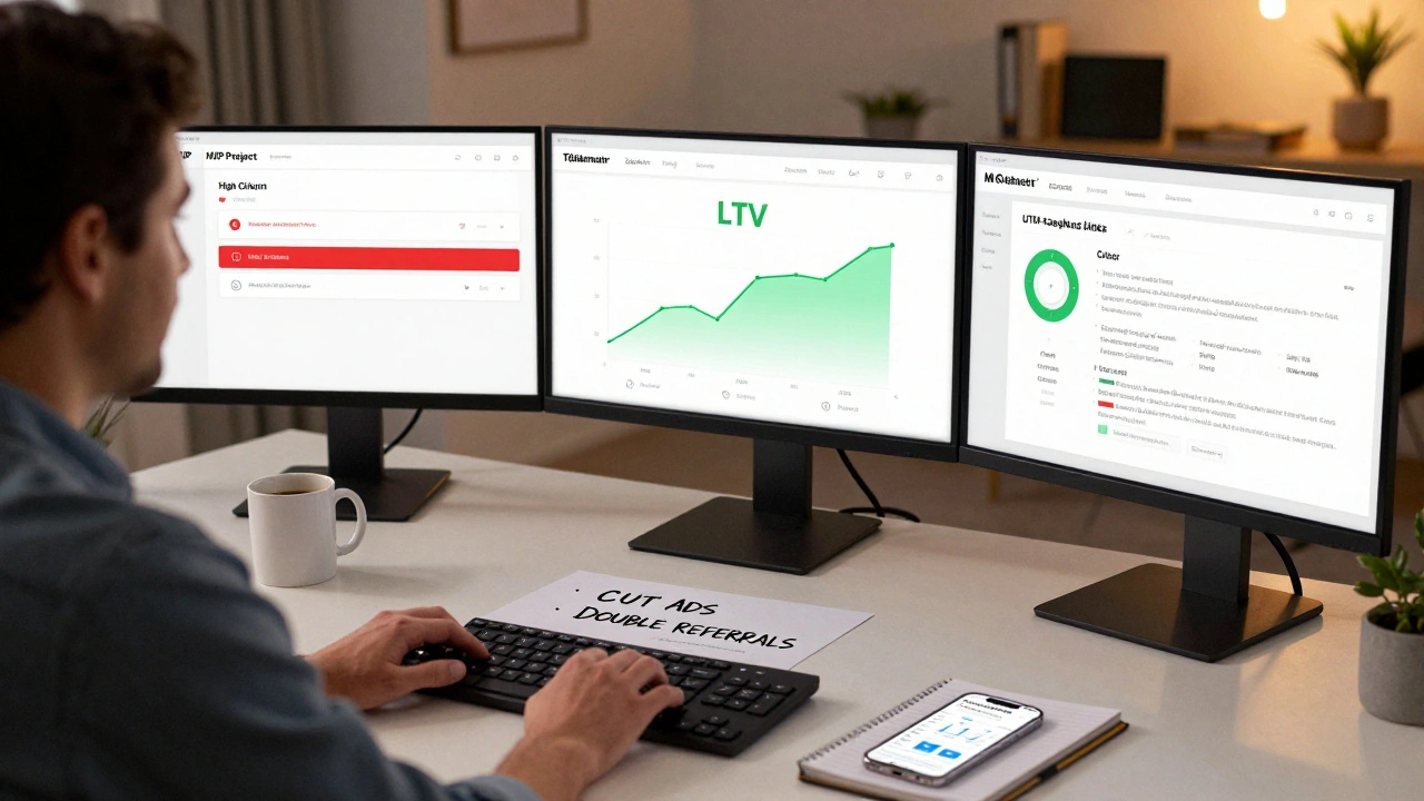 Person analyzing cohort dashboards on three monitors, with UTM links and notes about ad budget shifts.