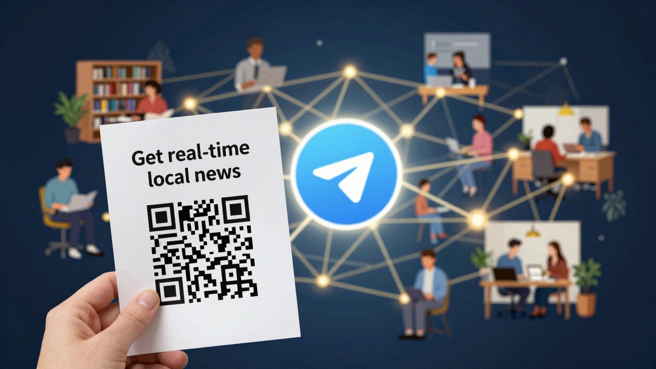 Person holding a flyer with a QR code, surrounded by glowing figures in different locations connected to a Telegram icon.