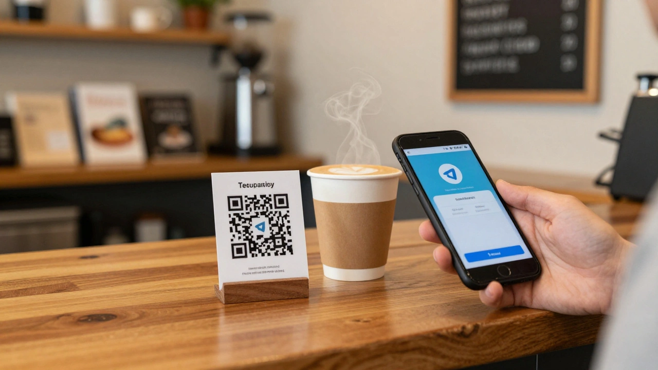 QR code sticker on a coffee cup in a cozy cafe, with a person scanning it on their phone.