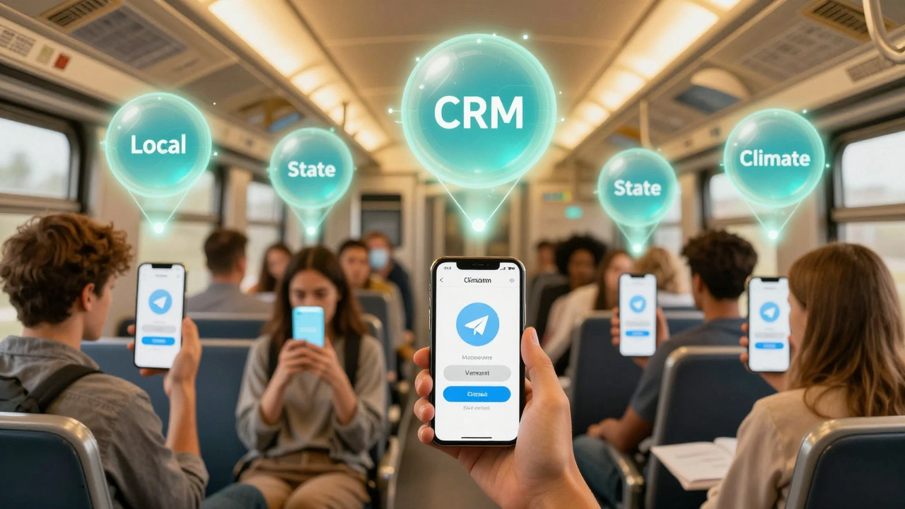 Readers clicking Telegram bot topic buttons as their interests rise as data orbs toward a central CRM hub.