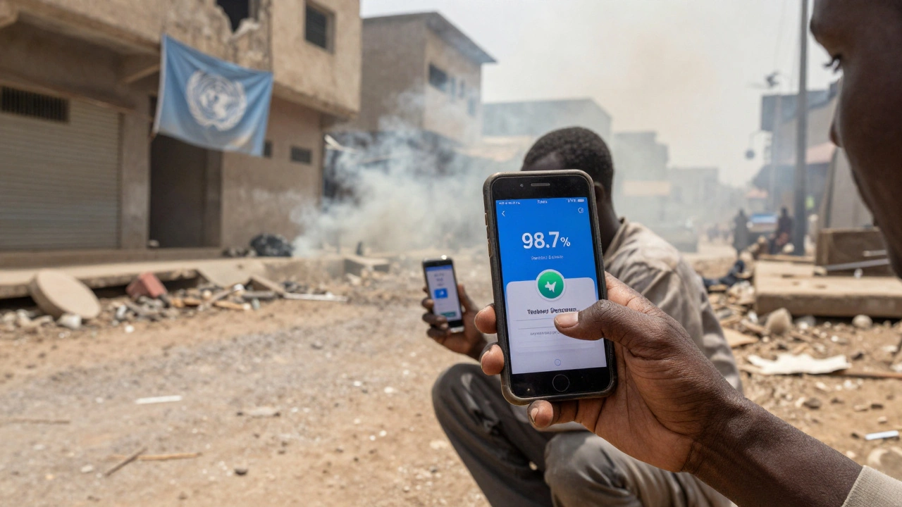 Reporter in Sudan sending news via Telegram amid debris, phone showing high delivery success on unstable network.