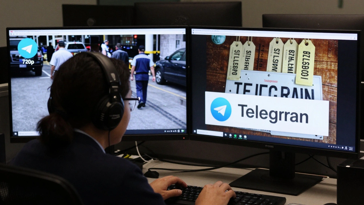 Reporter viewing side-by-side images on monitors: one degraded by Telegram compression, the other pristine original evidence.