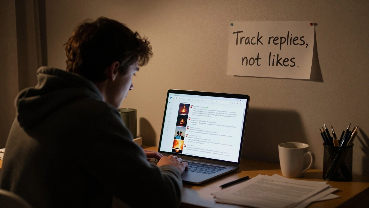 Someone reviewing Telegram comments with screenshots and links about a wildfire, in a home office at night.