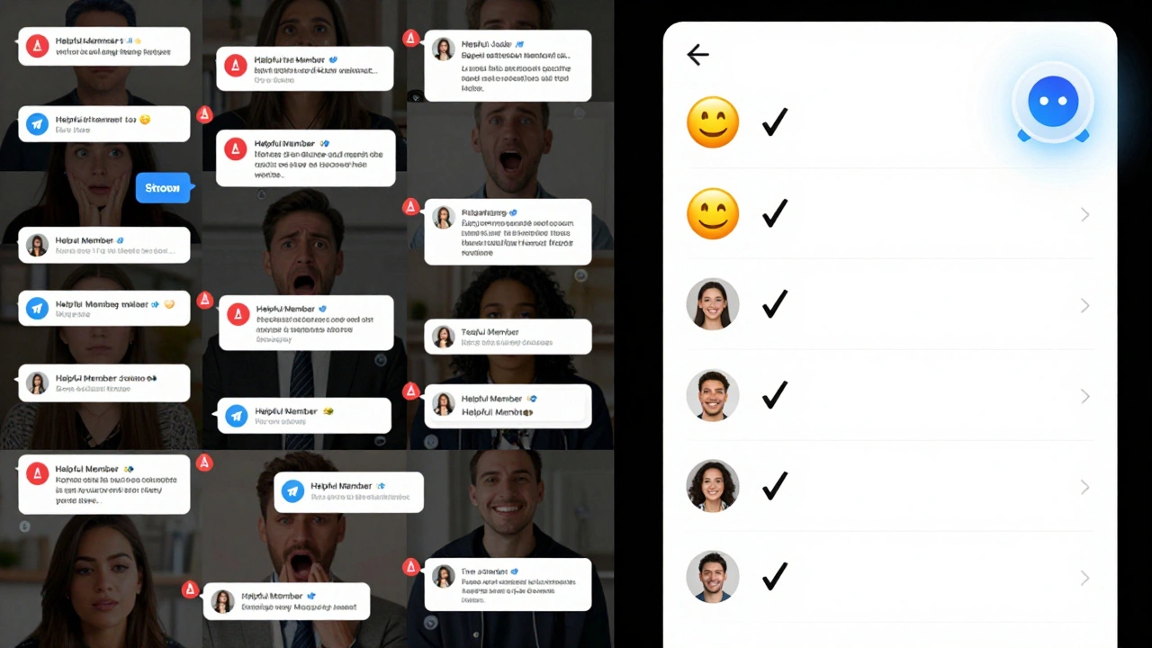 Split image showing chaotic spam-filled chat versus orderly, well-moderated Telegram group with emoji reactions and bot indicators.