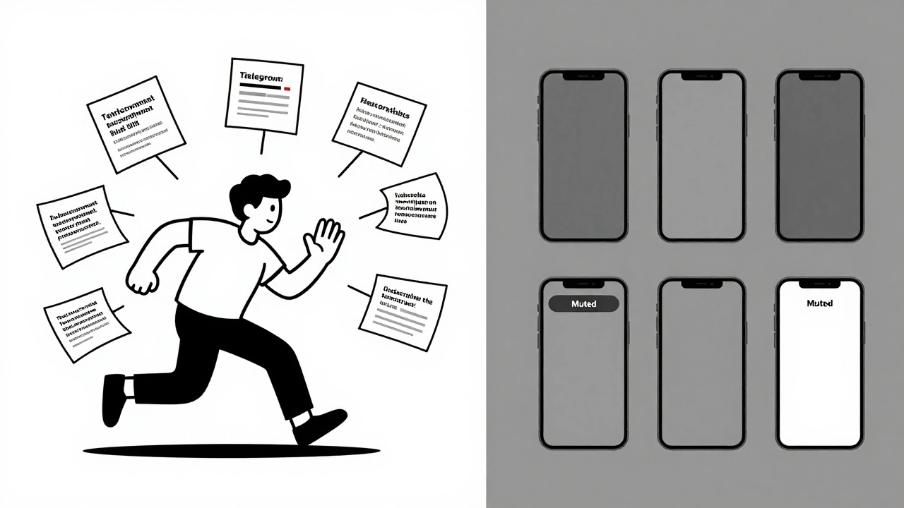 Split scene: chaotic newsroom on one side, muted phones on the other, symbolizing content fatigue.