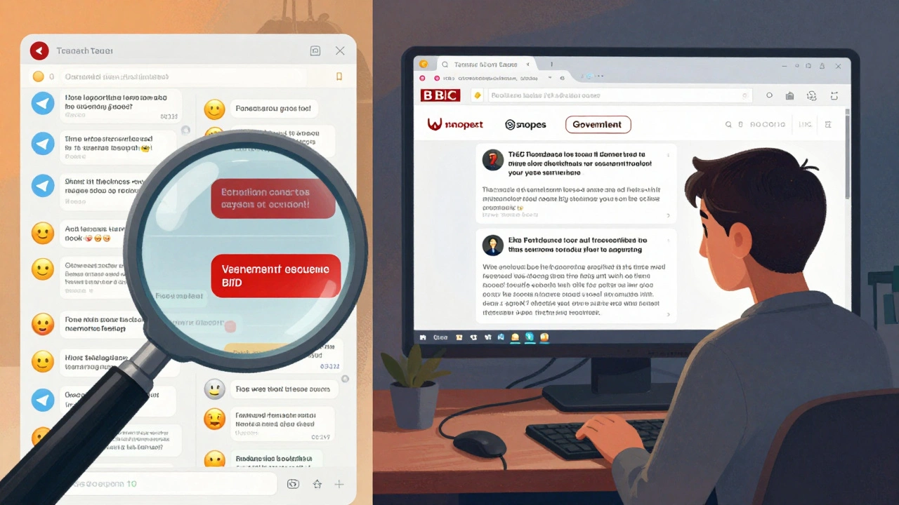 Split scene showing a chaotic Telegram group chat versus a calm individual verifying news across trusted websites.