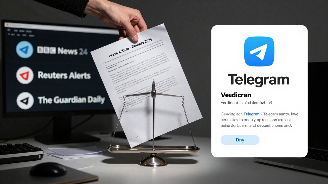 Split-screen: chaotic fake Telegram channels vs. clean verified channel with blue badge.