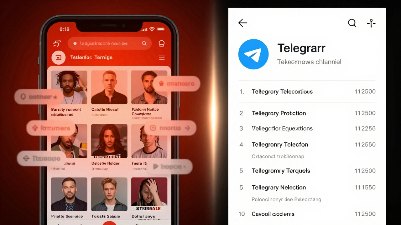 Split-screen comparison: chaotic algorithmic feed on left versus clean chronological Telegram feed on right.