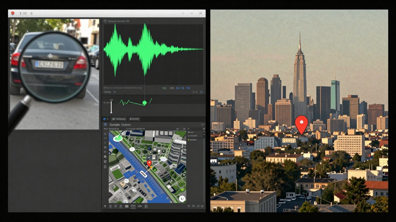 Split-screen comparison of a Telegram video frame with forensic overlays of audio waves and geolocation mapping.