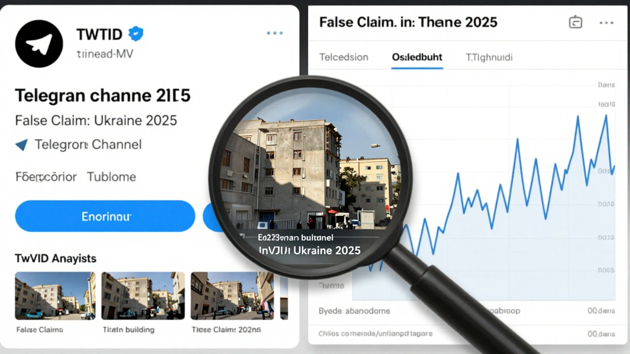 Split-screen comparison of verified Twitter account and fake Telegram channel analytics with InVID video analysis overlay.