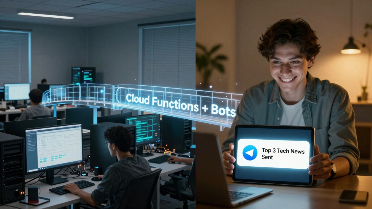 Split-screen contrast: chaotic traditional setup vs. calm automated system connected by glowing tech bridge.