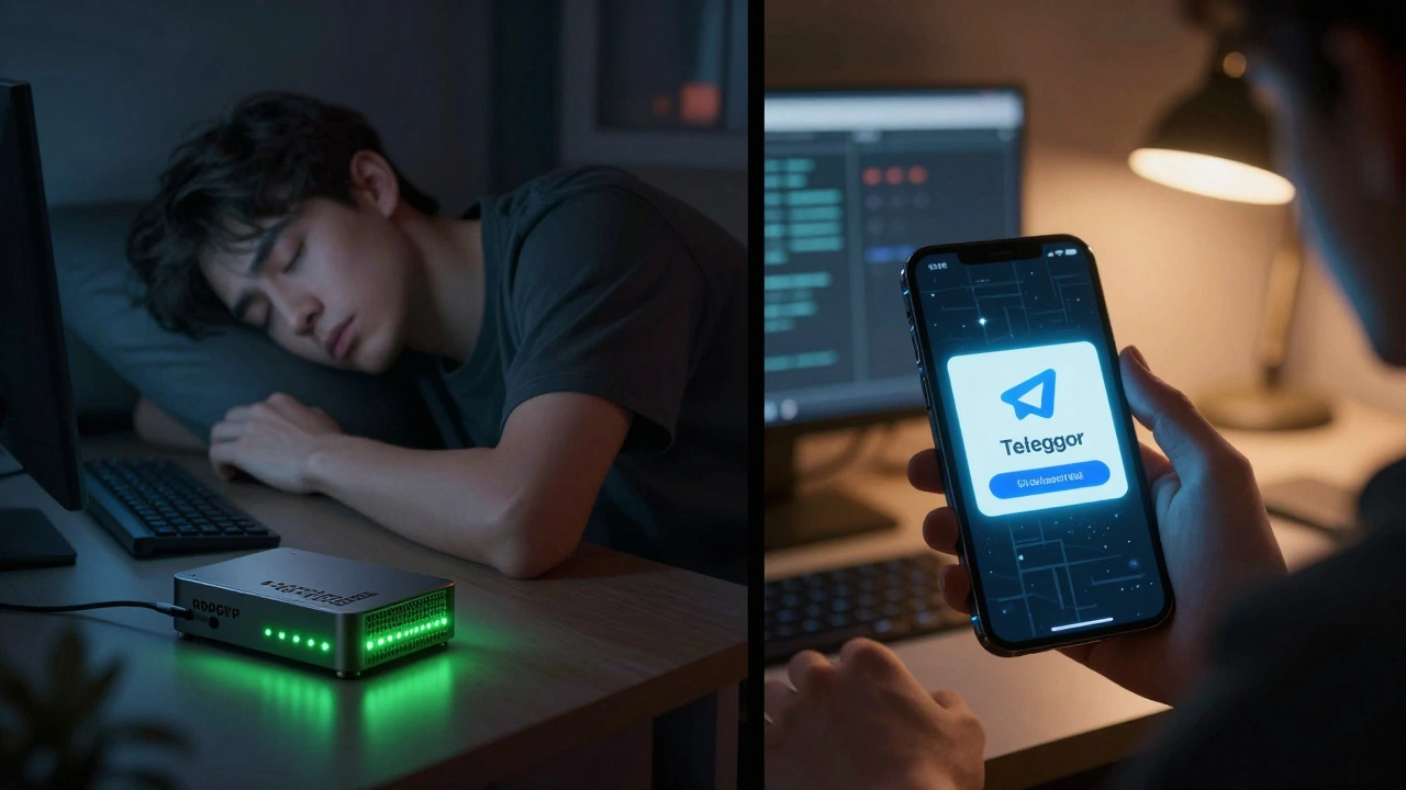 Split-screen of a sleeping sysadmin and their phone lighting up with a Telegram alert from a Raspberry Pi.