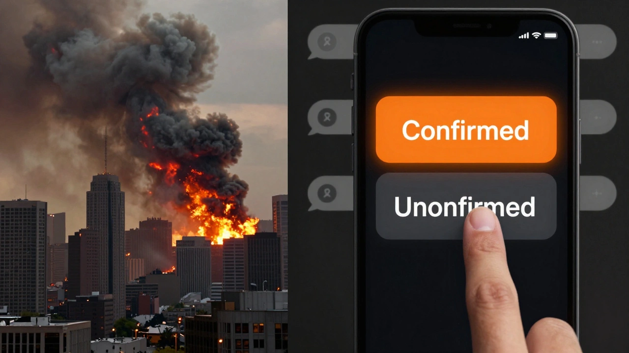 Split-screen of a wildfire GIF and a Telegram poll with one option being selected.