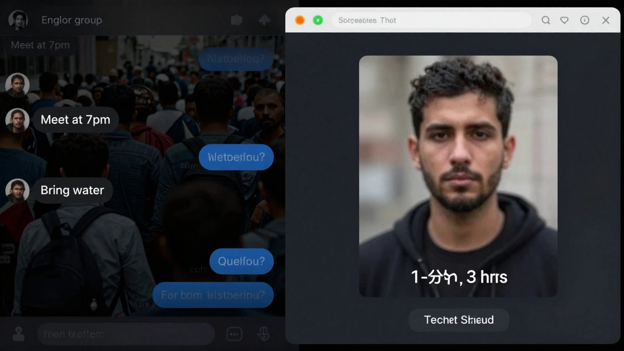 Split view showing a public Telegram group and a private encrypted chat with a self-destruct timer.