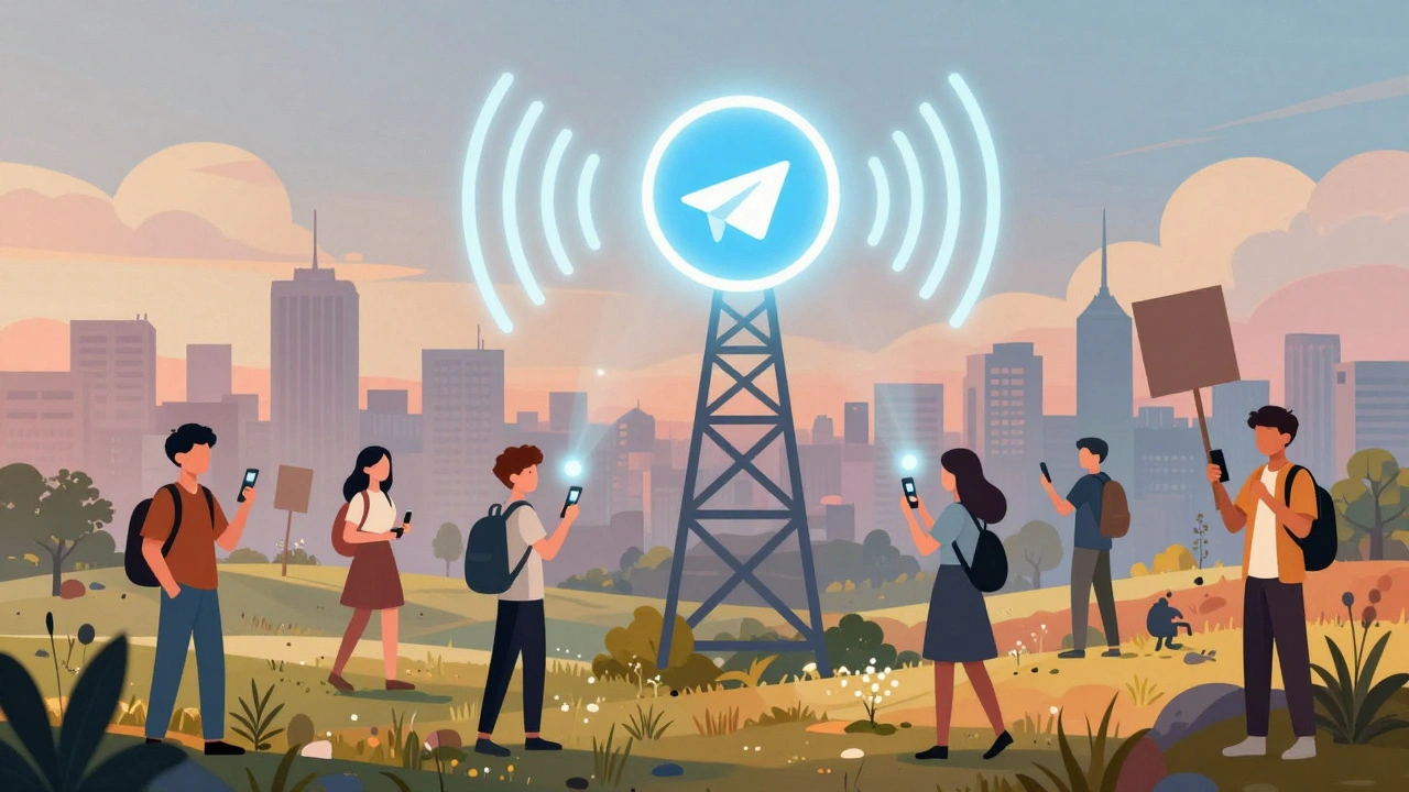 Telegram broadcast tower connecting viewers worldwide through glowing signals of live news coverage.