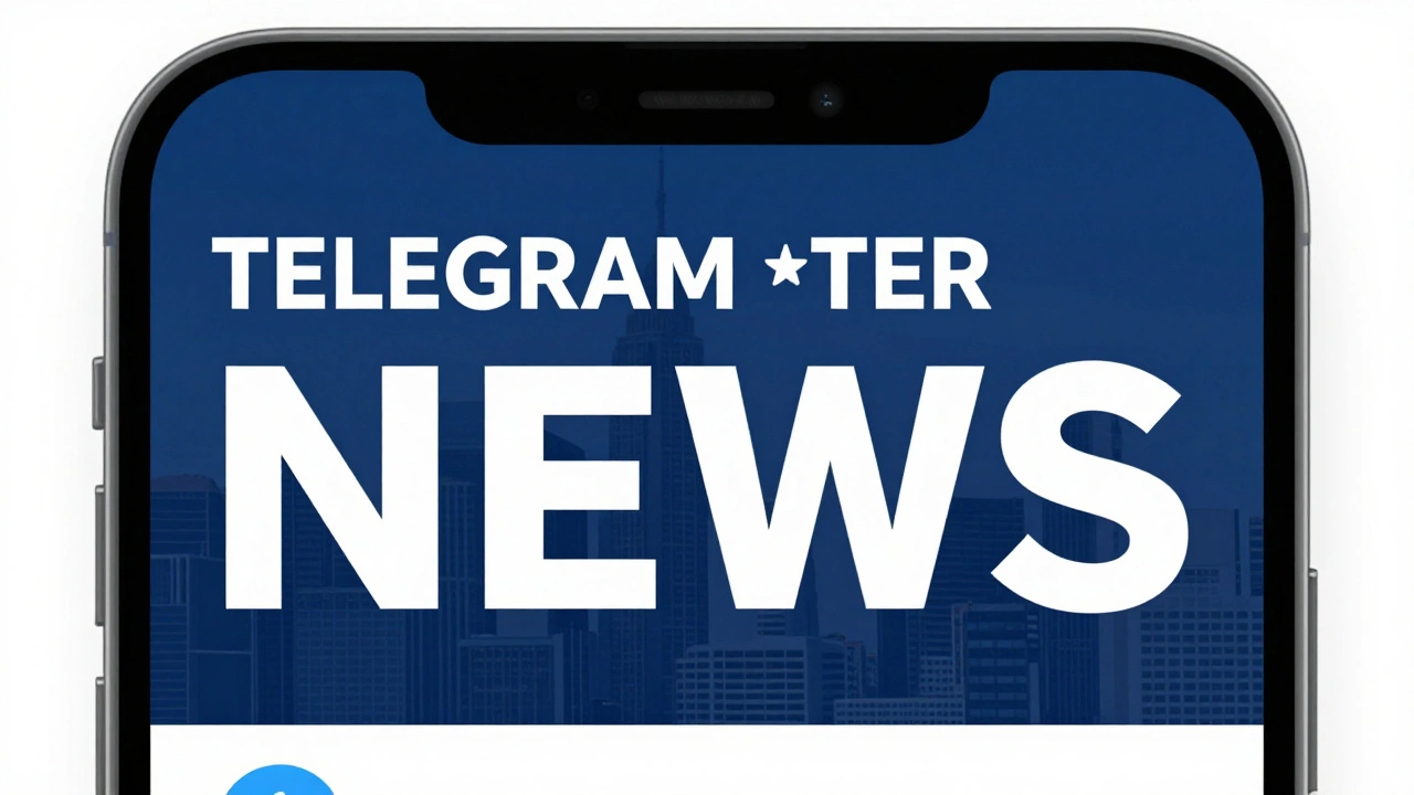 Telegram news post preview on a smartphone showing bold white text on dark blue background with city skyline and logo, fully legible in the top visible portion.