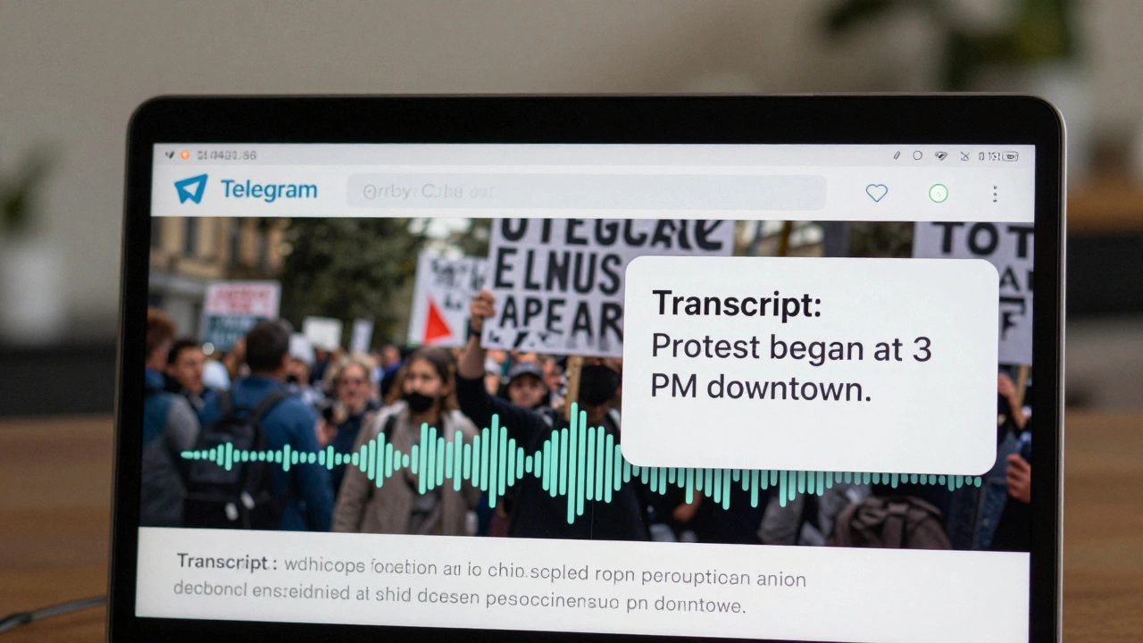 Telegram news post with visible alt text on an image and an accompanying captioned audio transcript.