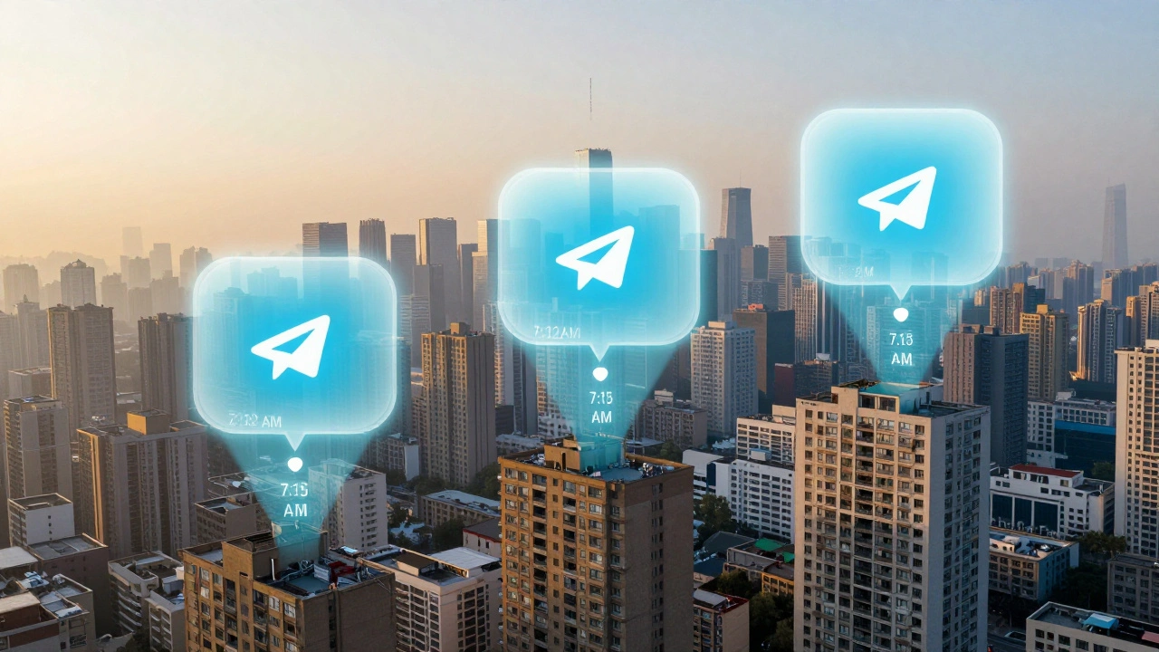 Telegram notification bubbles rising from city windows at dawn, each with a timestamp, symbolizing the three-minute engagement window.
