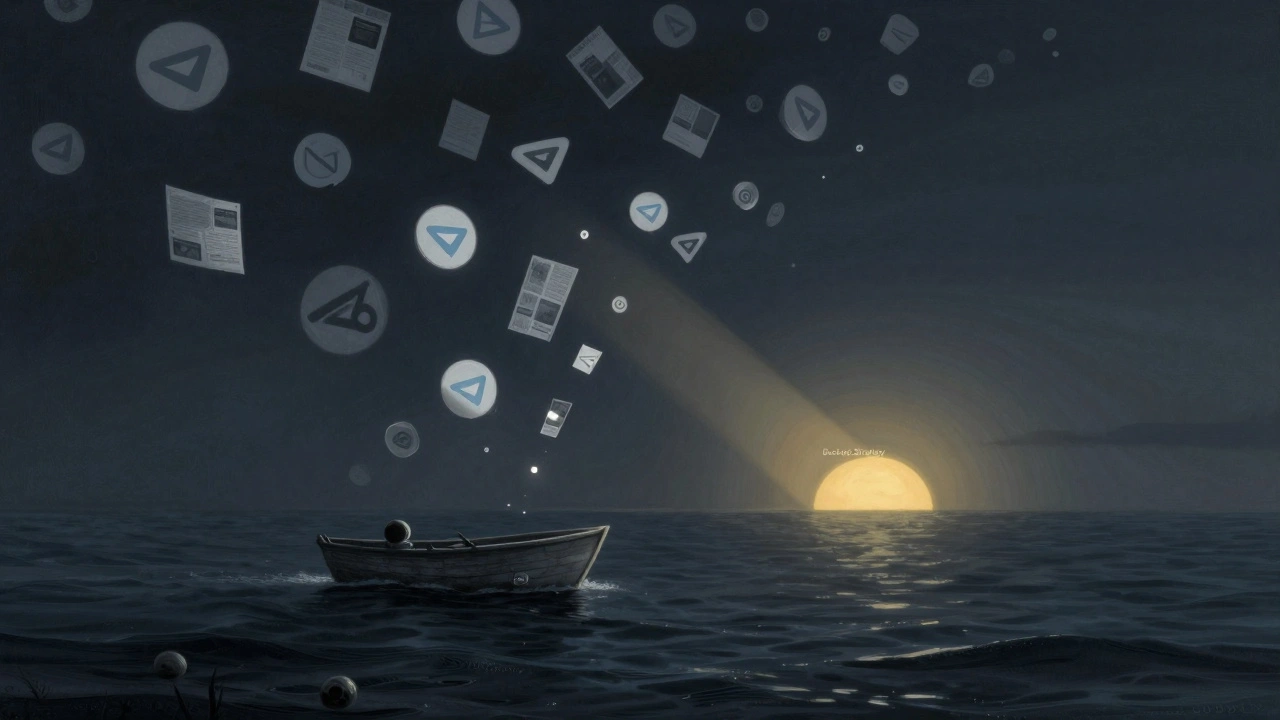 Thousands of sinking Telegram channels in a dark ocean, with one small boat carrying backup tools sailing toward a golden horizon.