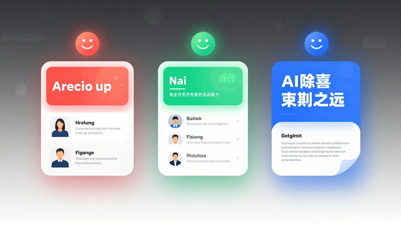 Three adaptive Telegram visual templates glowing in red, green, and blue, representing story tone, with AI sentiment icons floating above in minimalist style.