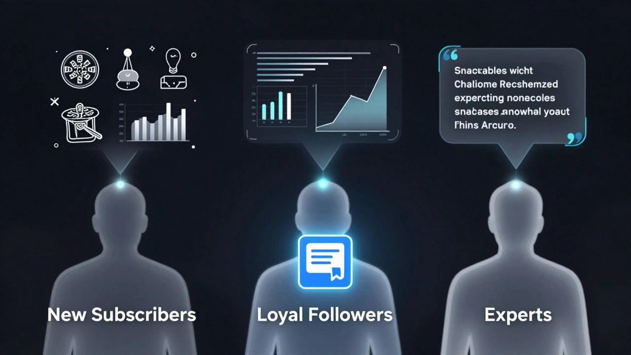 Three audience segments receiving tailored content types connected by data streams to a poll icon.