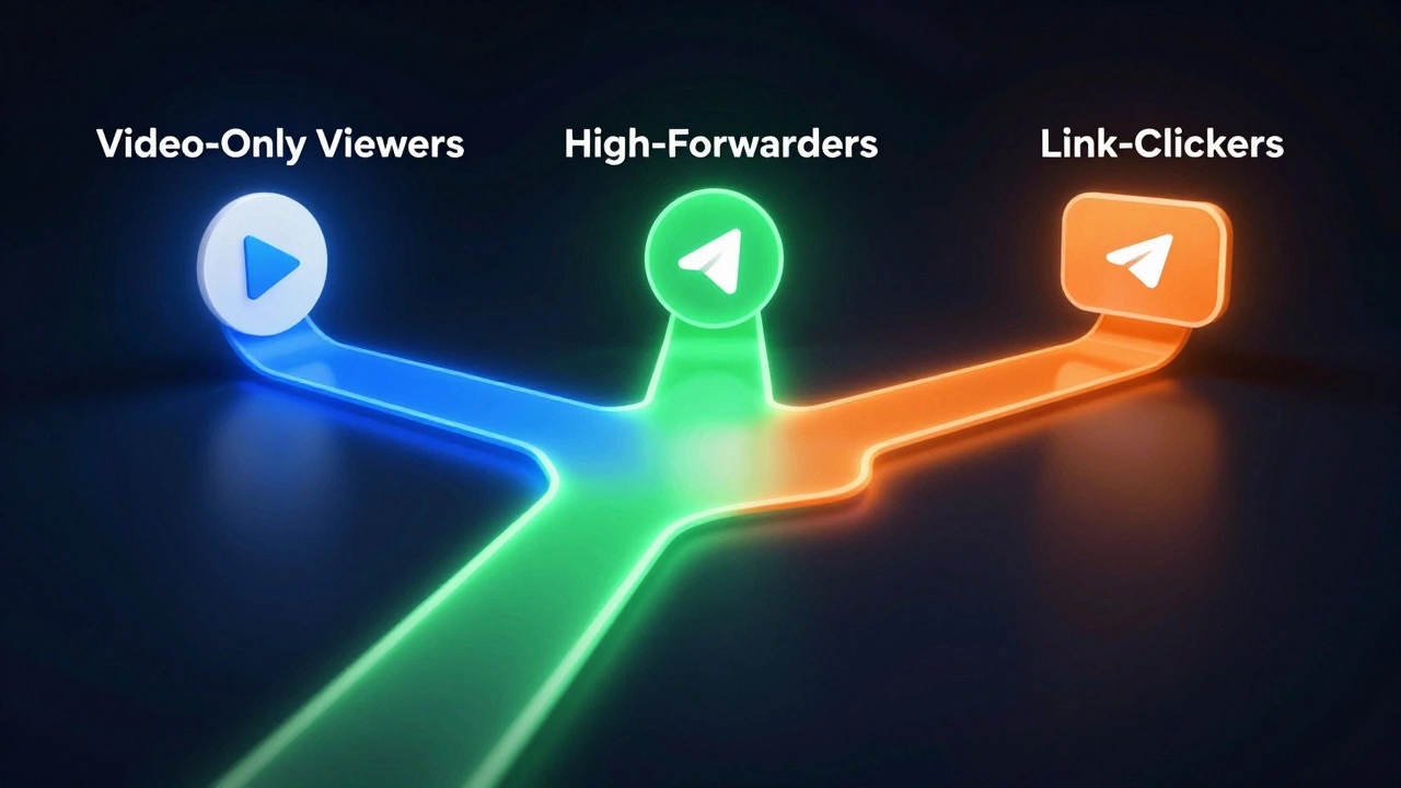 Three glowing user segments—video viewers, high forwarders, and link clickers—converging on a Telegram post.