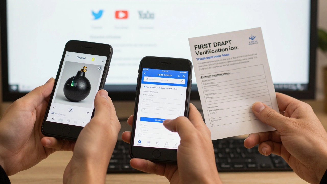 Three hands using verification tools: Google Lens, printed checklist, and keyboard labeled TRIAD METHOD.