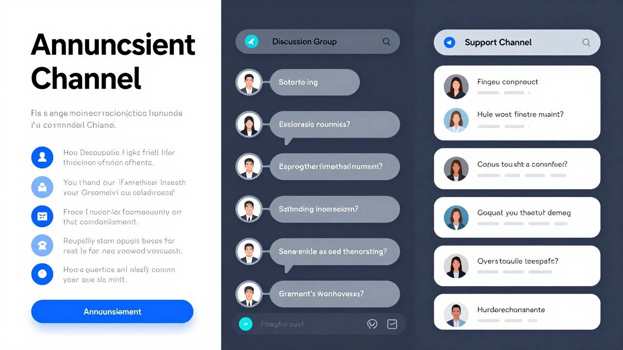 Three organized Telegram channels: announcement, discussion, and support, each with distinct visual layouts.