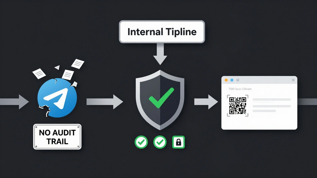 Three paths from a central sign: one leading to a failing Telegram system, another to a compliant whistleblower platform, and the third to a secure web form.