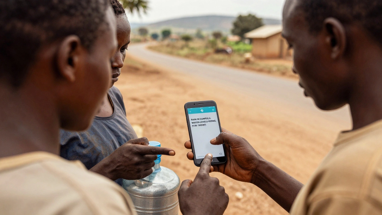 Three people gathered around a feature phone reading a text-only Telegram news update in a rural community.