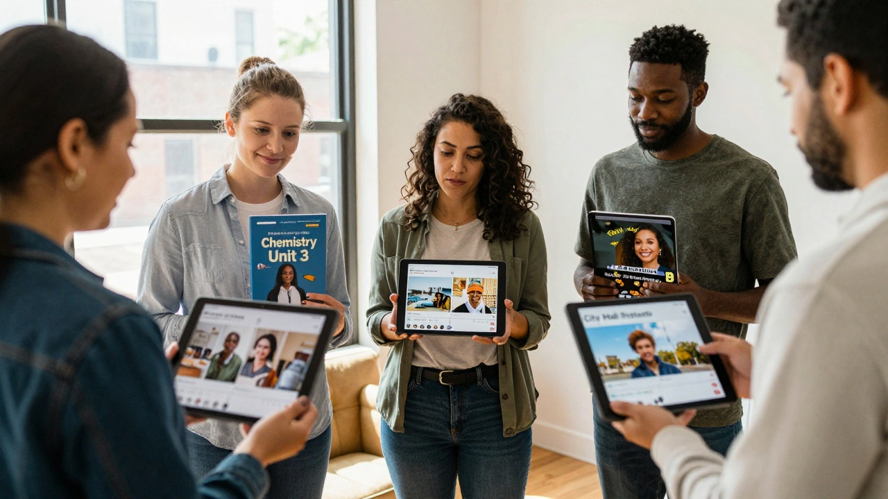 Three professionals showing their personalized Telegram Story Albums on tablets.