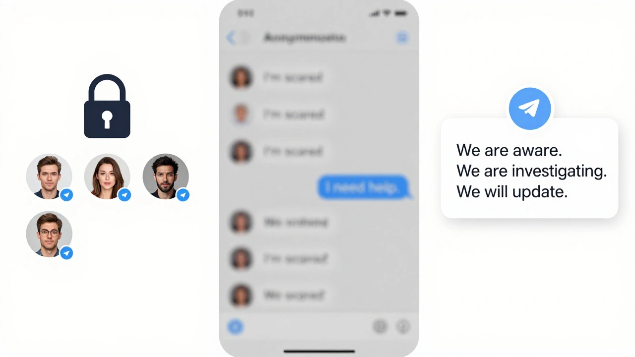Three Telegram channels shown side-by-side: private group, anonymous support chat, and locked broadcast channel with one calm message.