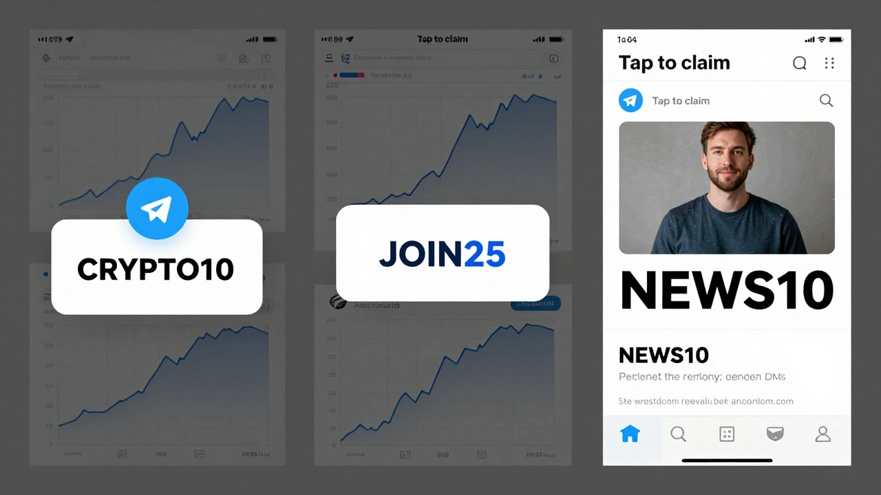 Three Telegram promo code placements: Story button, bot message, and channel post with conversion analytics overlay.