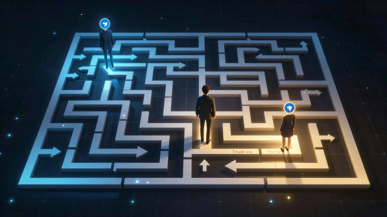 Three user avatars navigating a digital maze of Telegram channels and forwarded messages, with one finding a verified source while others are lost.