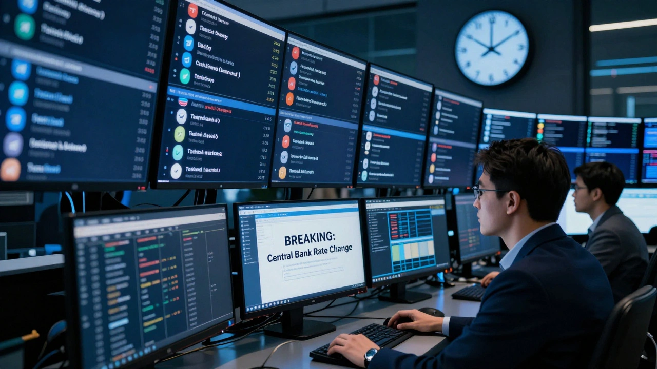 Traders monitoring real-time market updates on Telegram channels with precise timestamps in a high-stakes trading room.