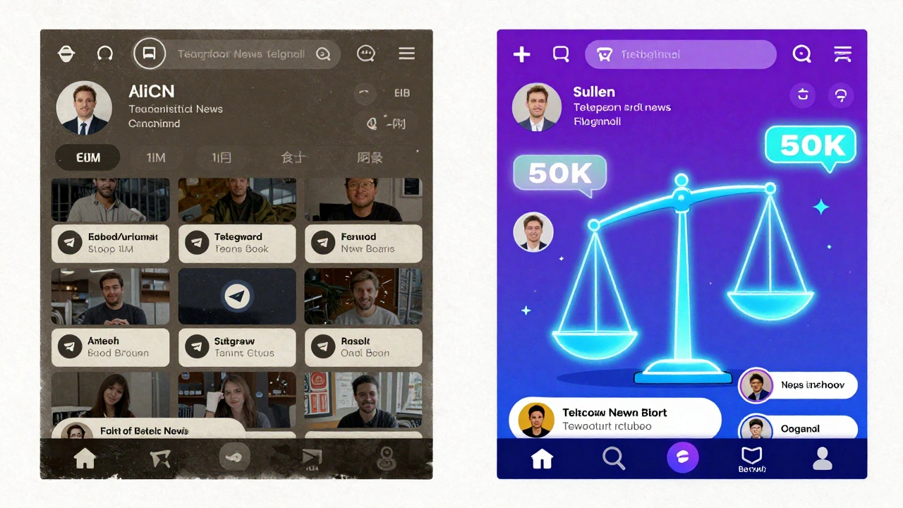 Two contrasting Telegram channels: one bloated with bots and inactive, the other small but vibrant with sharing and citations, shown side by side.