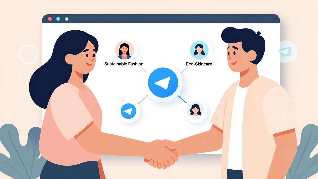 Two creators collaborating through Telegram, promoting each other's niche channels.