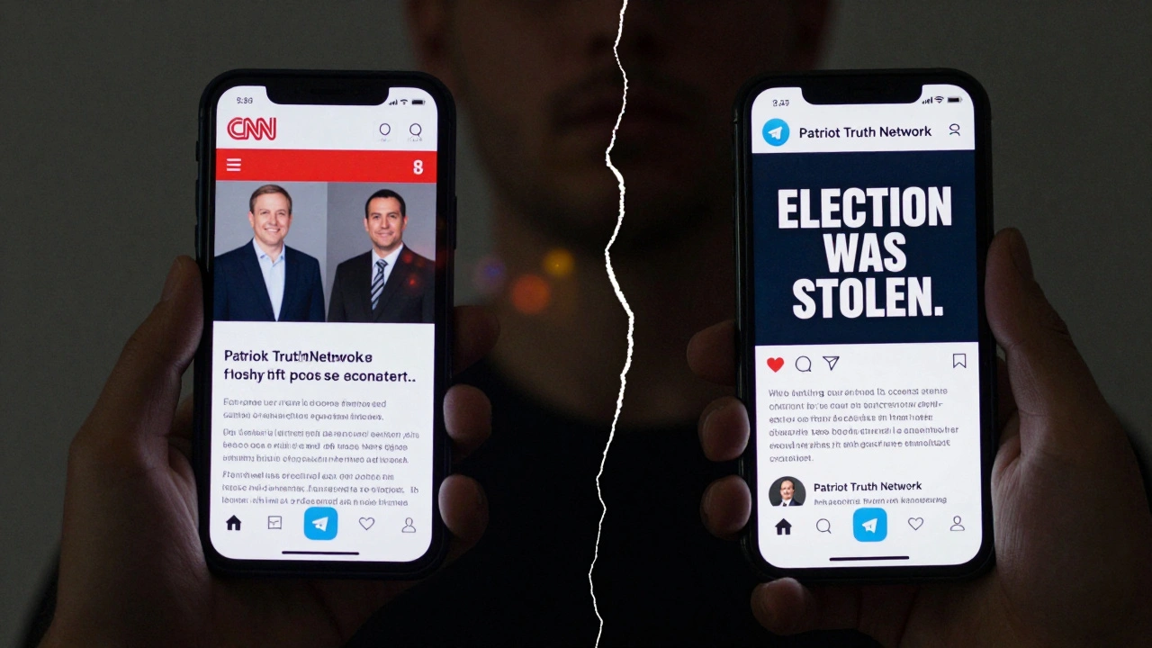 Two phones side by side showing conflicting news sources, held by one person in shadow.