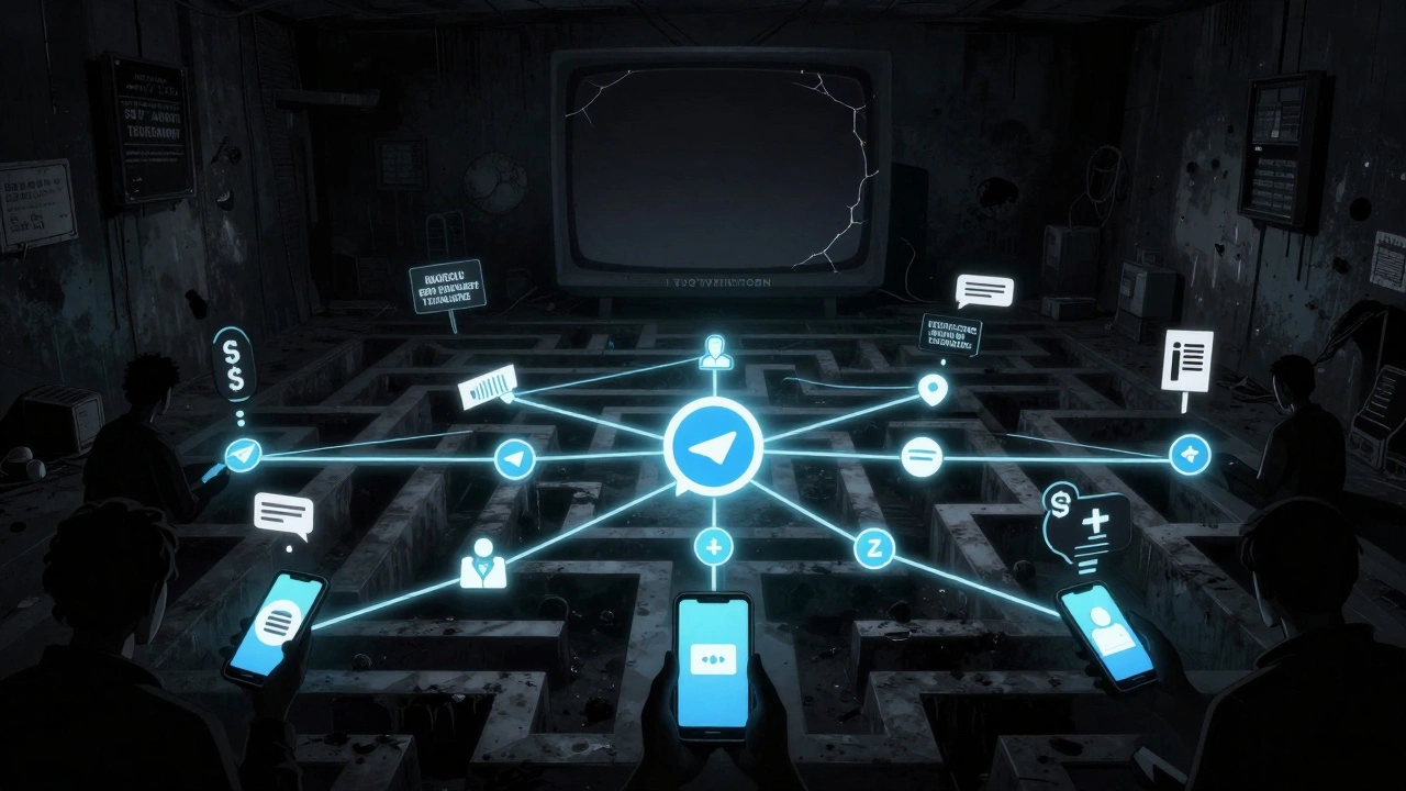 Underground network of encrypted Telegram channels in Tehran, visualized as glowing nodes with coded protest symbols.