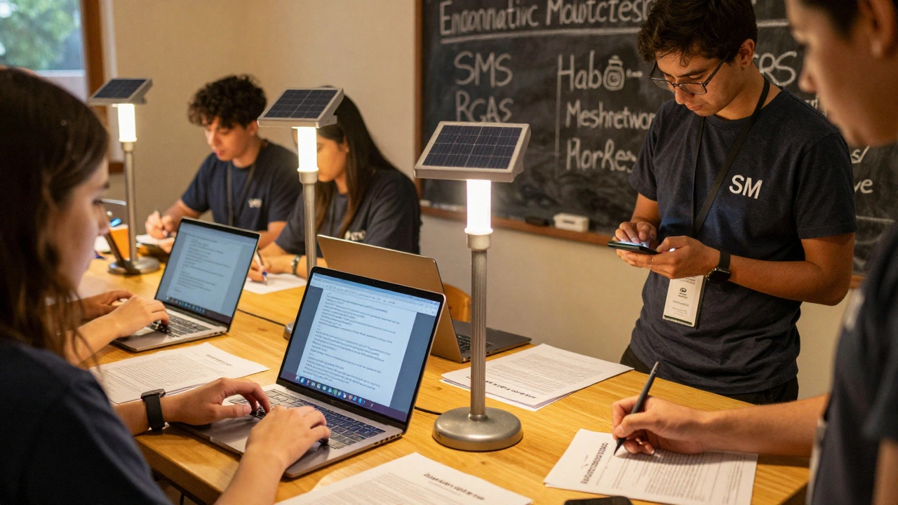 Volunteers use solar lamps to relay emergency alerts via text, paper, and Bluetooth devices in a community hub.