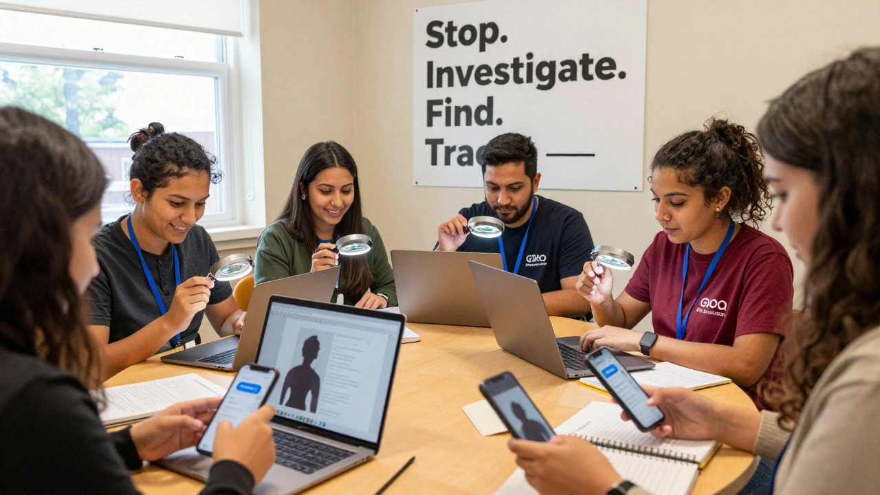 Volunteers using laptops and magnifying lamps to investigate viral Telegram messages in a community center.
