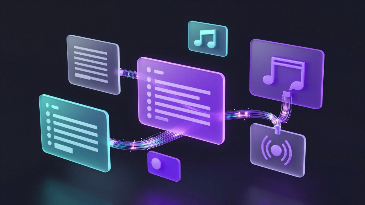 3D abstract nodes connecting voice and video icons in neon.