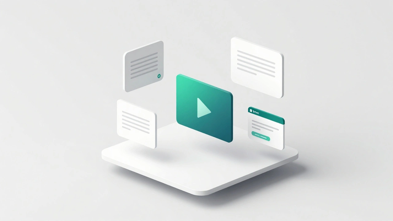 3D floats of video and text icons above a messaging interface design.