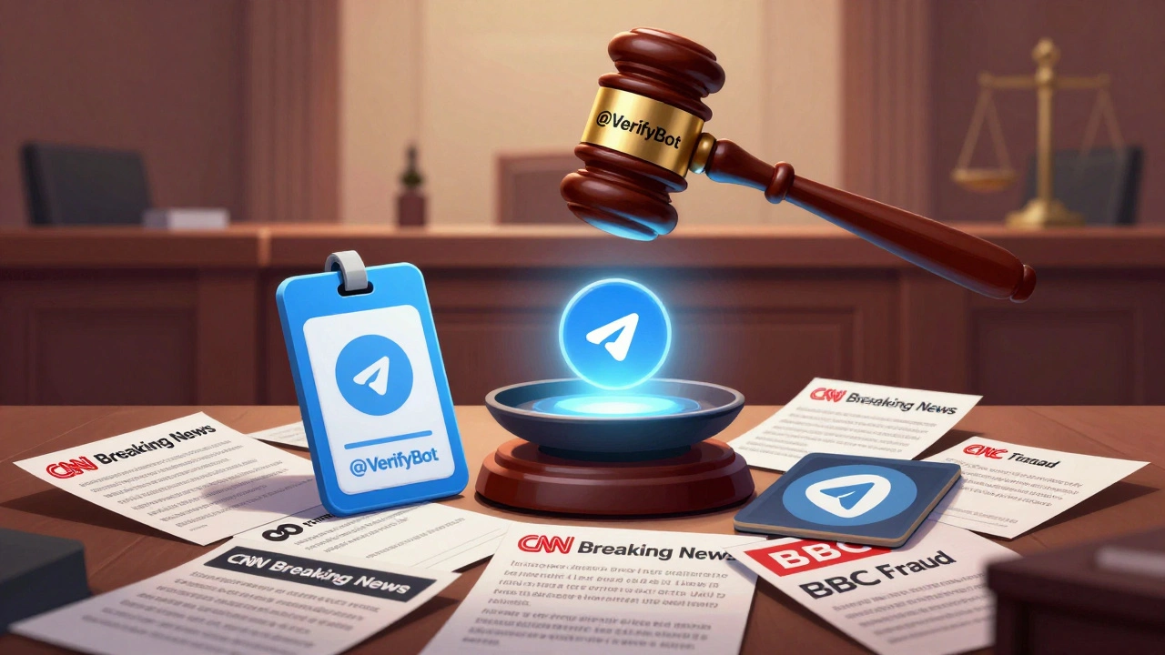 A blue verified badge on a scale triumphing over fake Telegram channels and scam messages under a gavel labeled '@VerifyBot'.