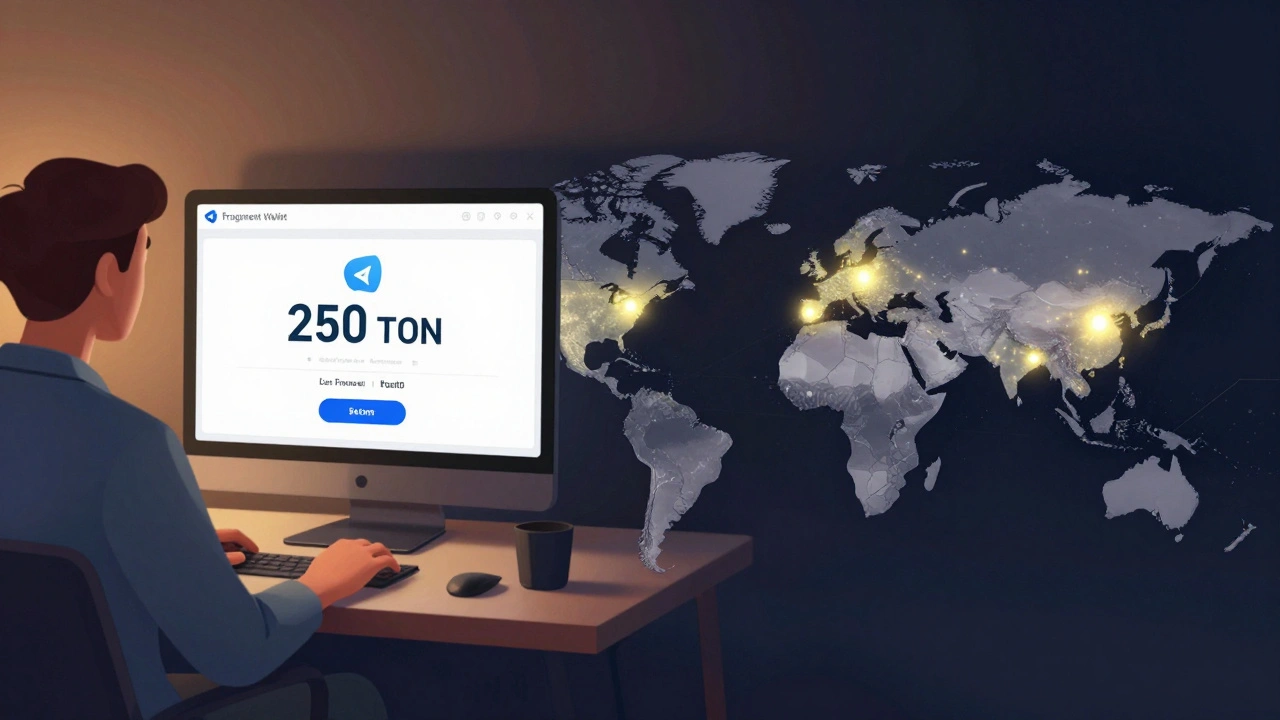 A channel owner views TON earnings in Fragment wallet while a map displays global ad impressions from crypto audiences.