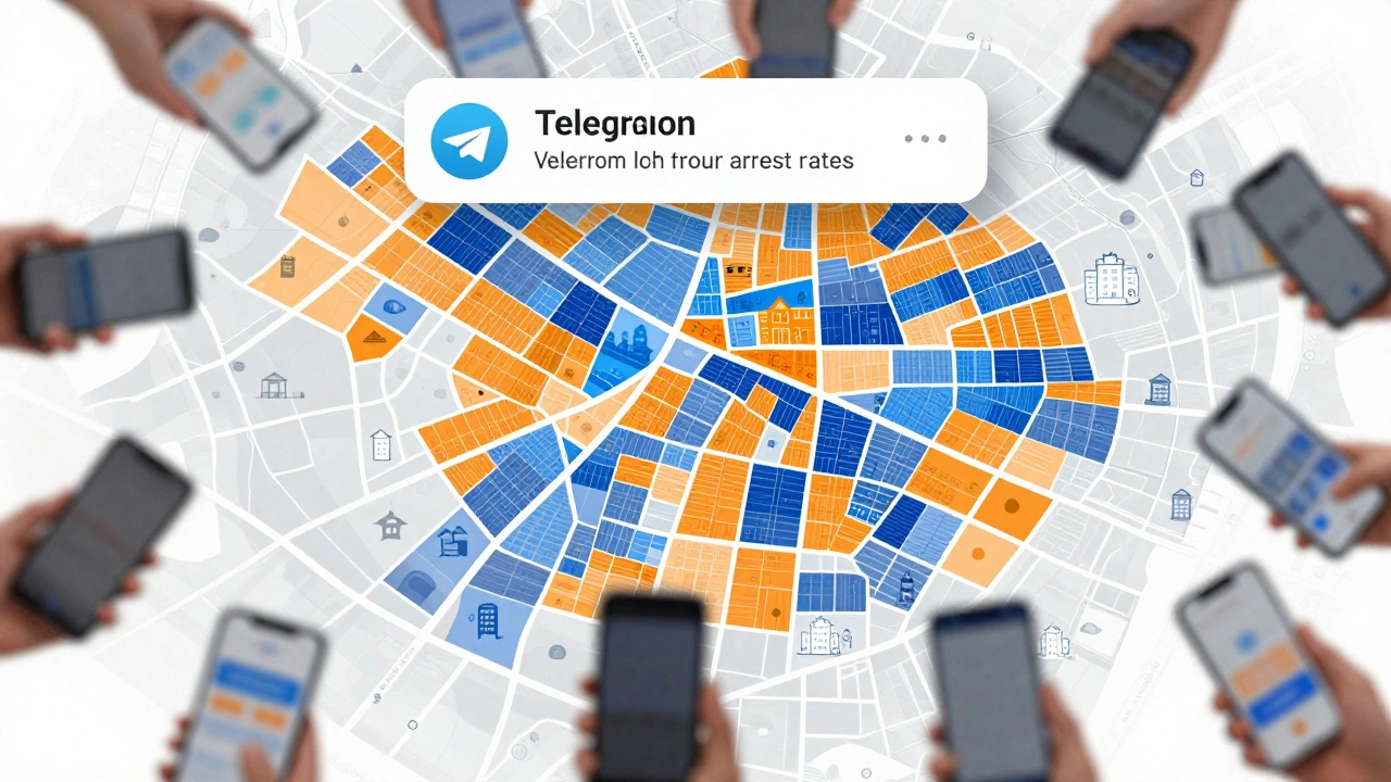 A color-coded city map showing arrest rates with icons for schools and police stations.