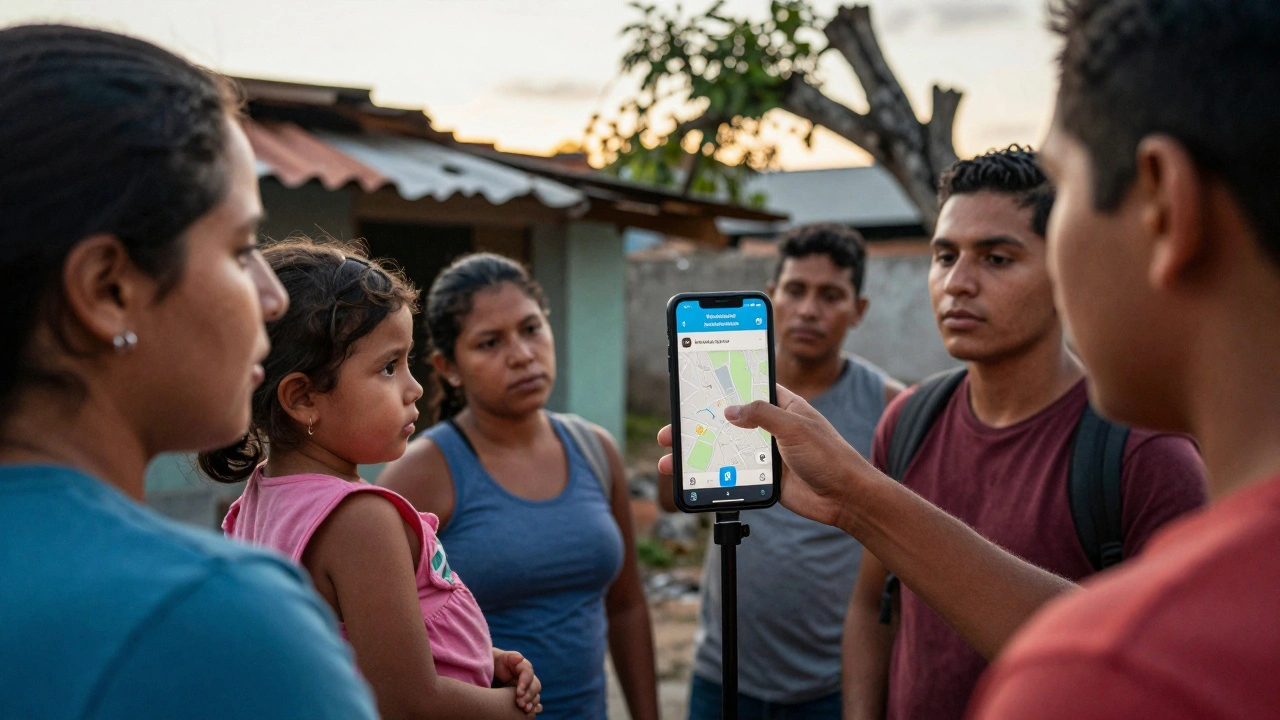 A community gathers around a phone to view Telegram weather alerts after a typhoon.