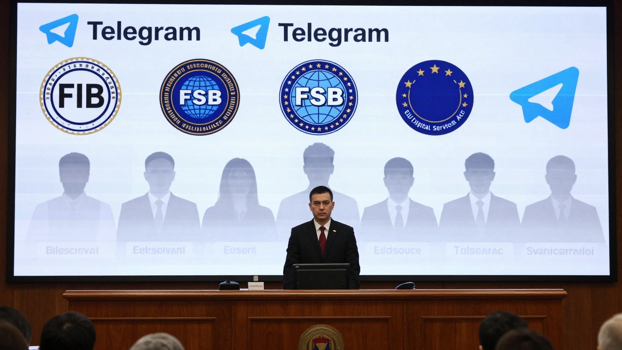 A defendant in court facing a screen displaying Telegram and international law enforcement logos under harsh lighting.